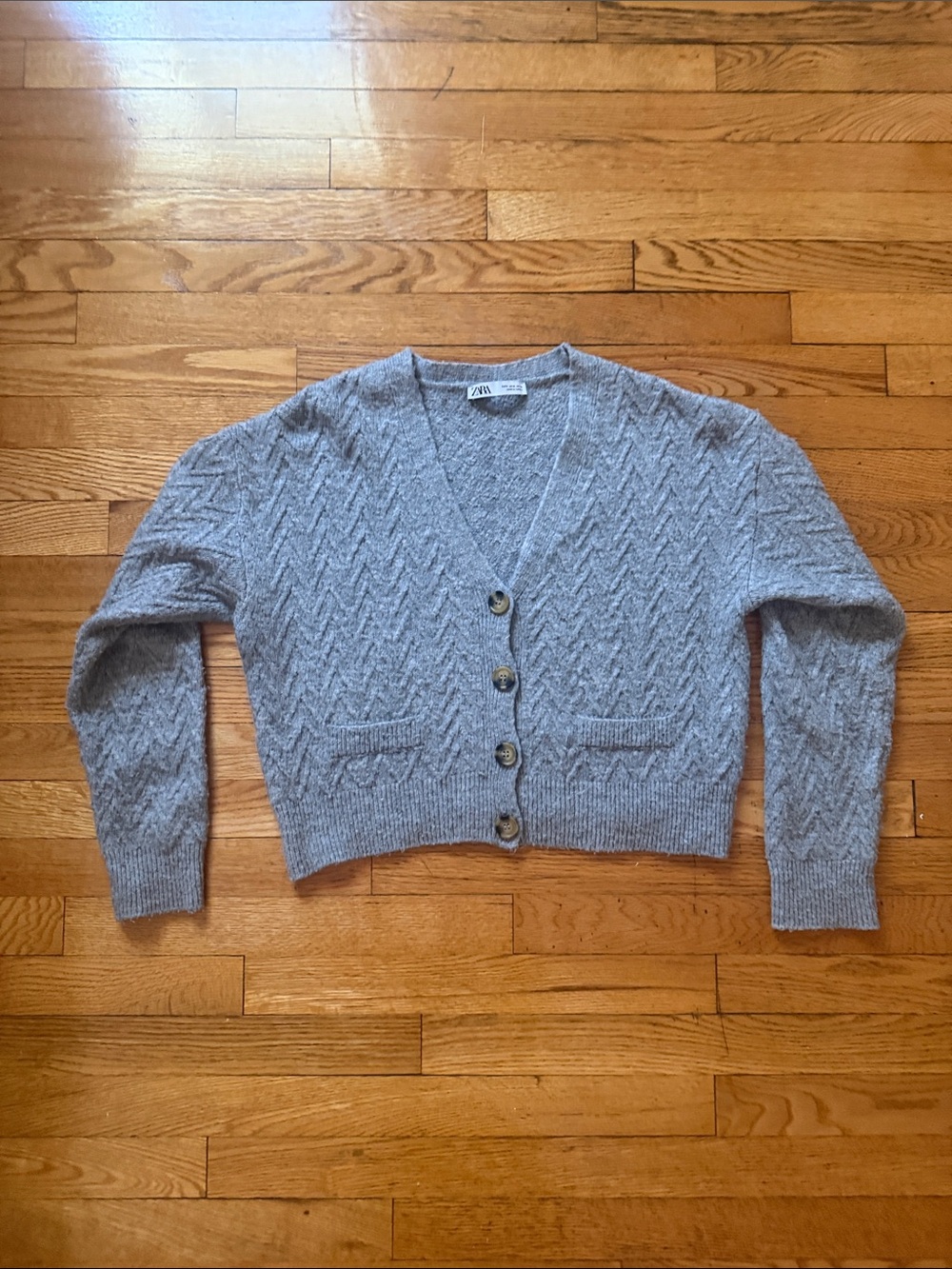 ZARA Heather Gray Cropped Cable-Knit V-Neck Cardigan
